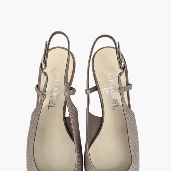 Chanel CC Cap Toe Slingback Kitten Pumps Heels Taupe Leather Size 38 US 7-7.5 - Picture 4 of 16